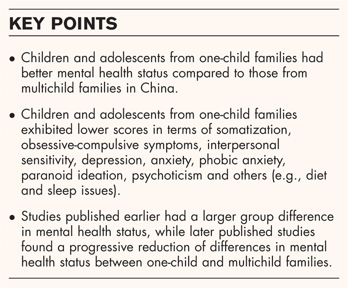 Mental health status among children and adolescents in one-child and multichild families: a meta-analysis of comparative studies