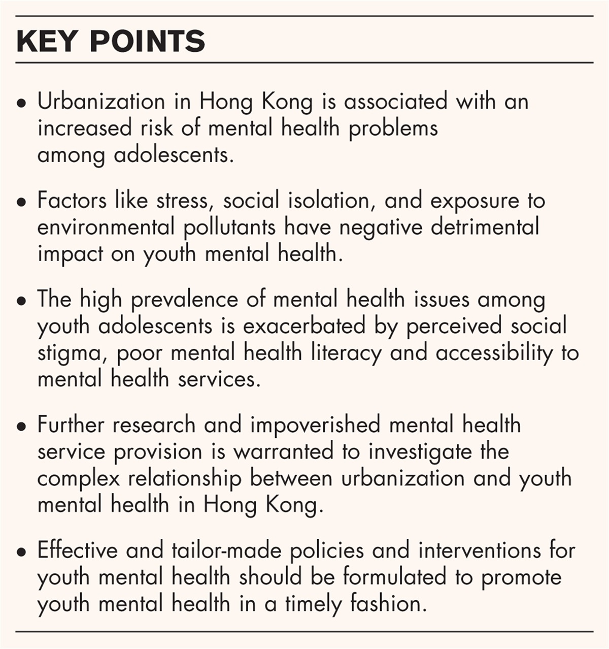 The impact of urbanization on youth mental health in Hong Kong