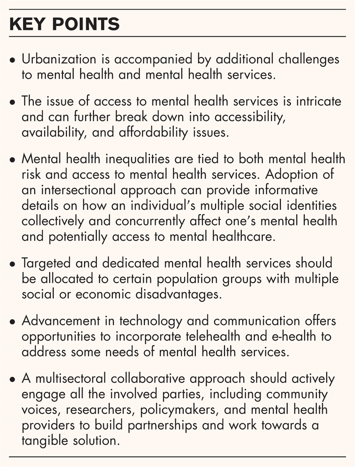 Access to mental health services in urban areas: examine the availability, affordability, and accessibility of mental health services in urban settings, particularly for individuals with intersecting marginalized identities