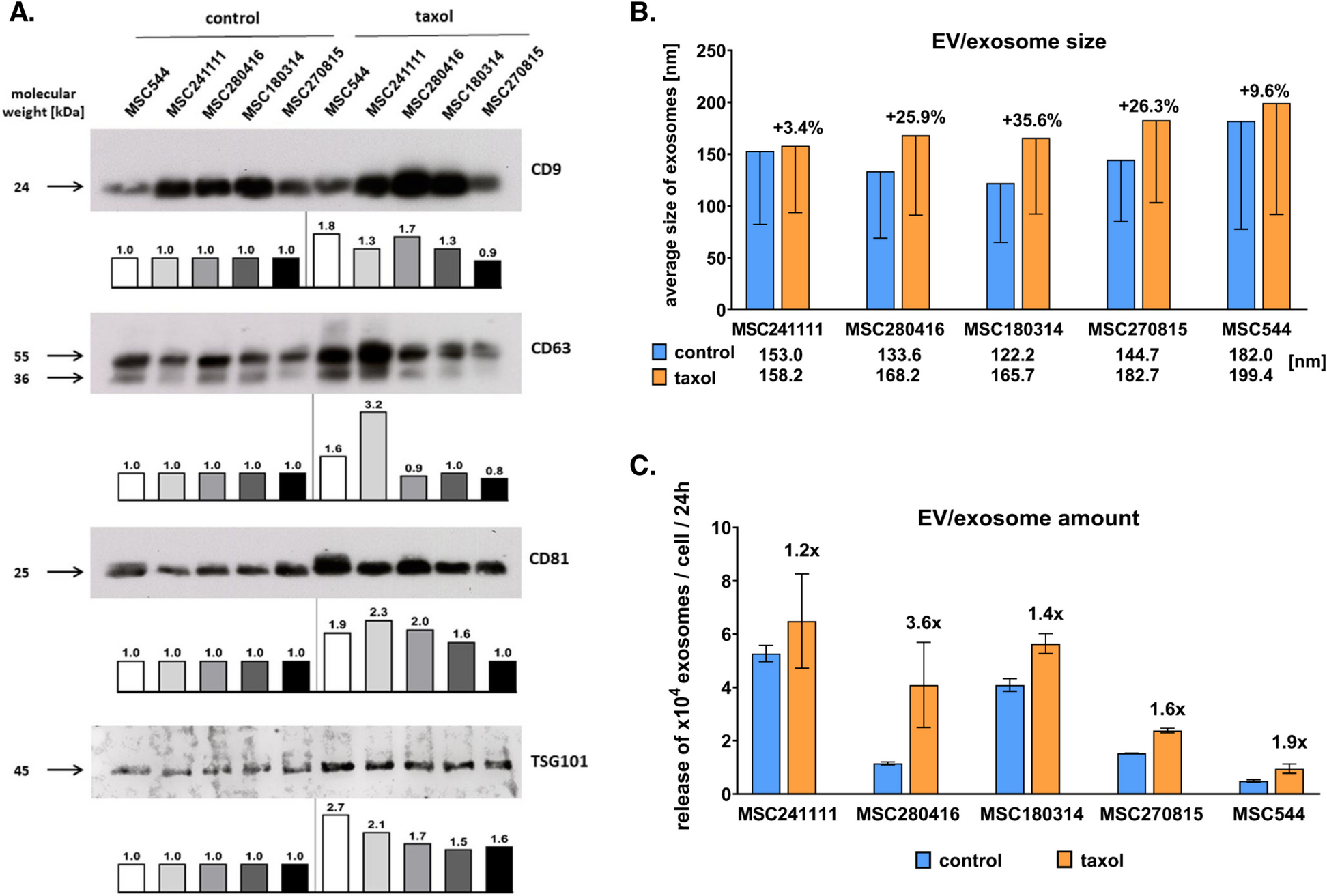 Human mesenchymal stroma/stem-like cell-derived taxol-loaded EVs/exosomes transfer anti-tumor microRNA signatures and express enhanced SDF-1-mediated tumor tropism