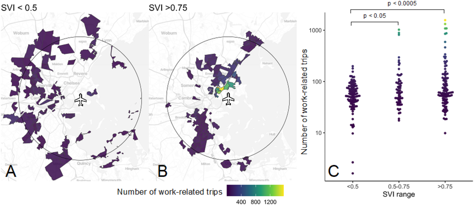 Work-related connectivity between Boston Logan international airport and urban communities with high social vulnerability during the COVID-19 pandemic