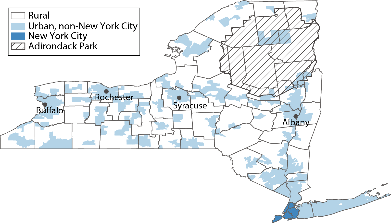 Spatial accessibility of substance use disorder treatment programs, compared with other health care facilities, in New York State, 2024