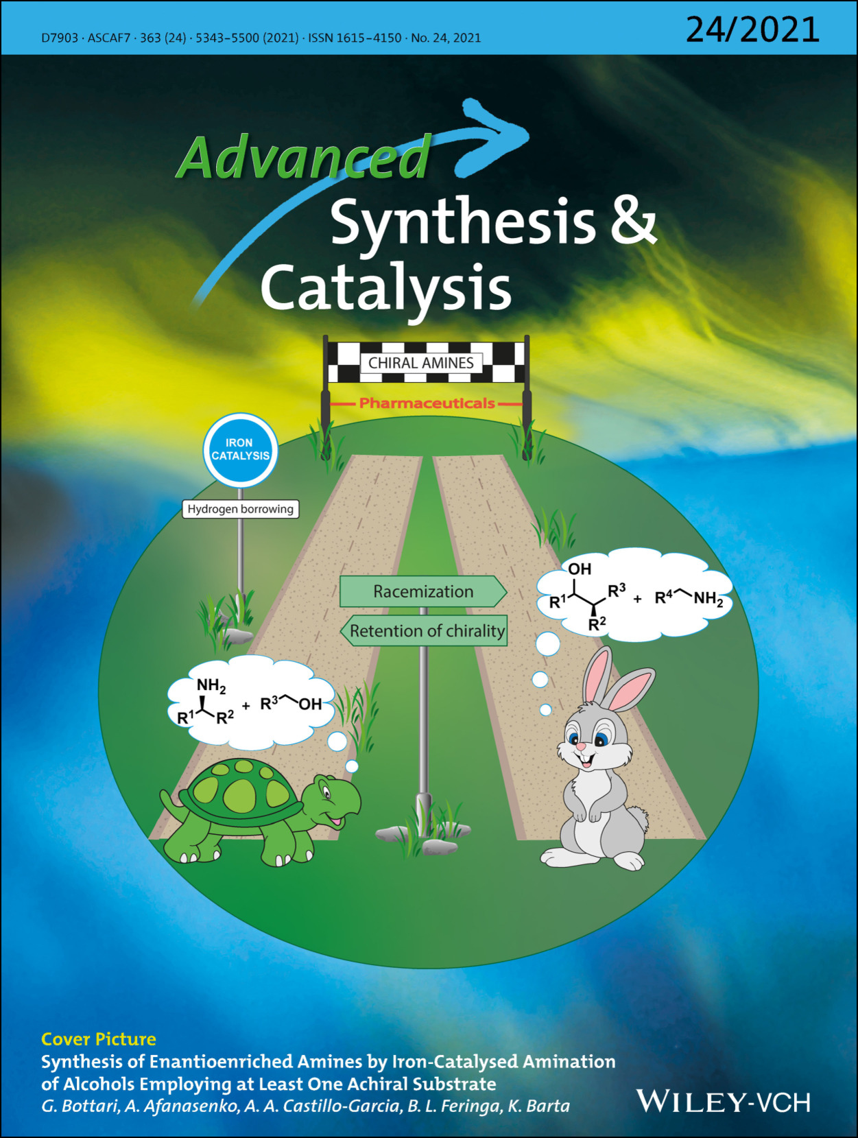 Front Cover Picture: Synthesis of Enantioenriched Amines by Iron‐Catalysed Amination of Alcohols Employing at Least One Achiral Substrate (Adv. Synth. Catal. 24/2021)