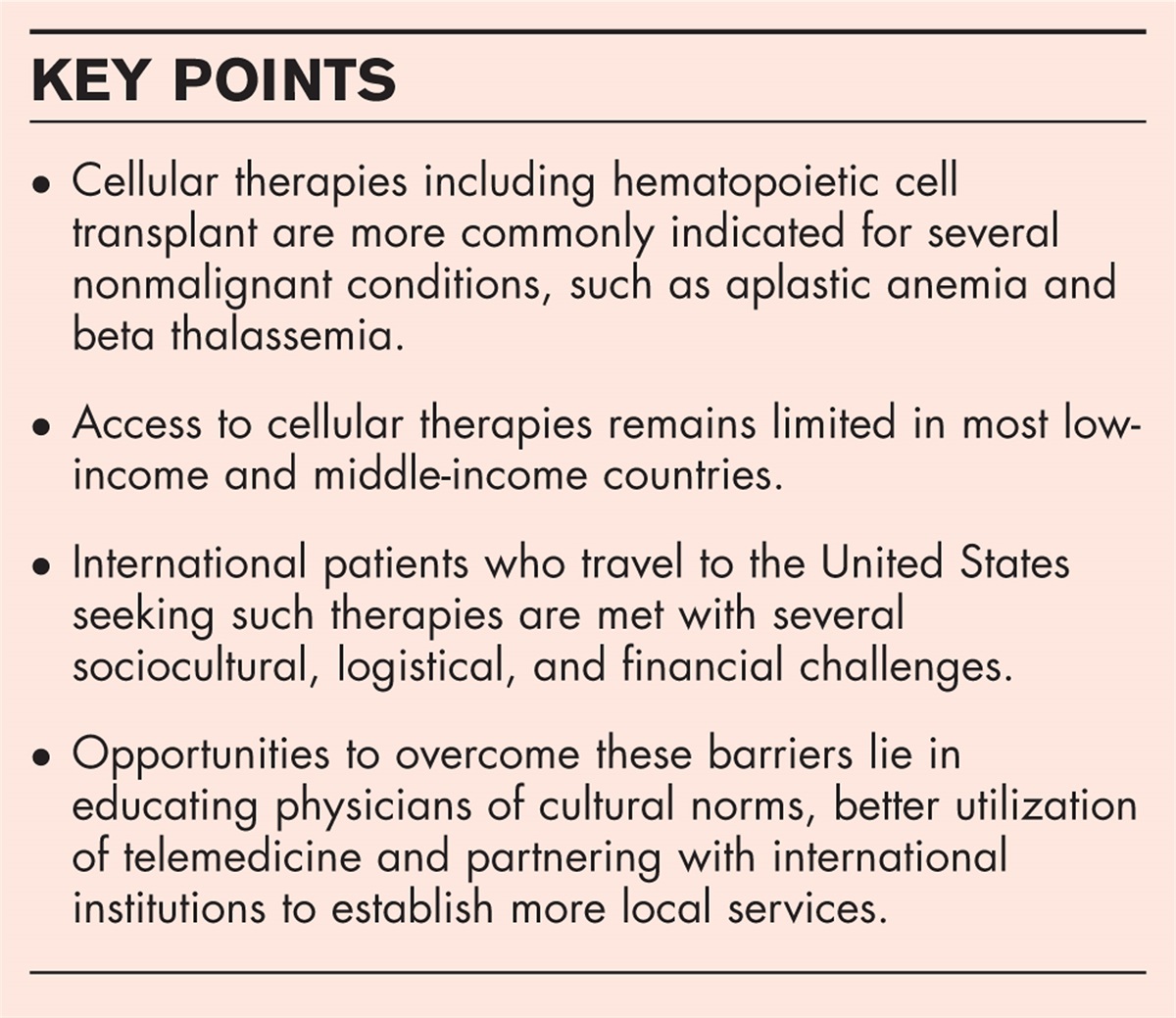 Challenges and opportunities in shared care for international patients treated with cellular therapy for nonmalignant disease
