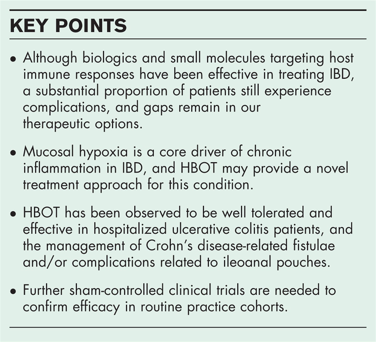 Role of hyperbaric oxygen therapy in patients with inflammatory bowel disease