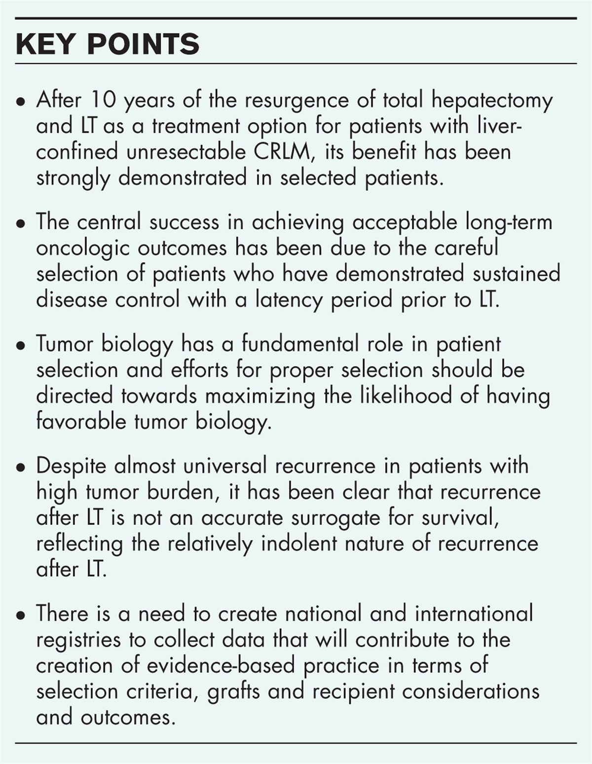 Liver transplantation for unresectable colorectal liver metastasis