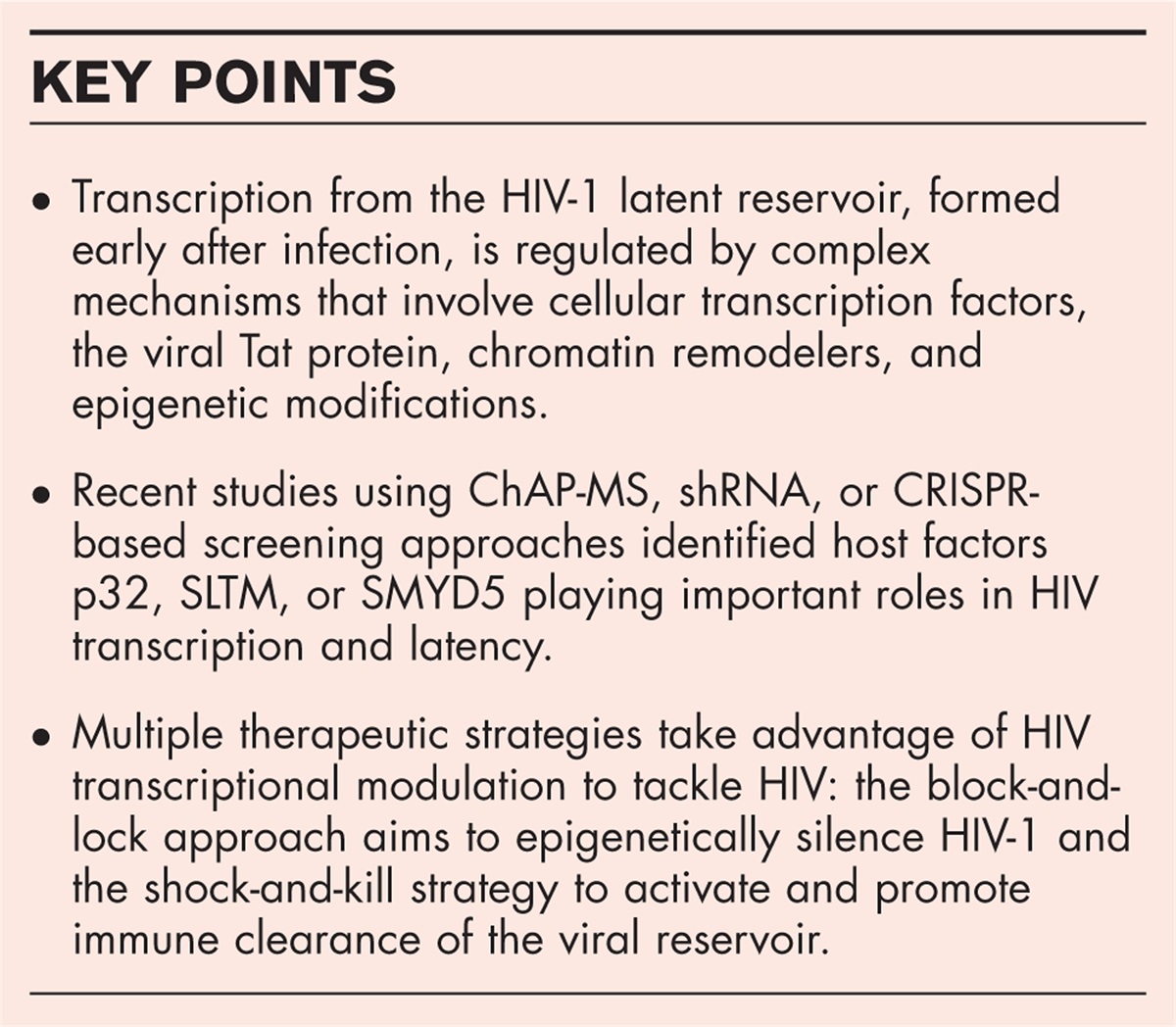 HIV-1 transcriptional modulation: novel host factors and prospective therapeutic strategies