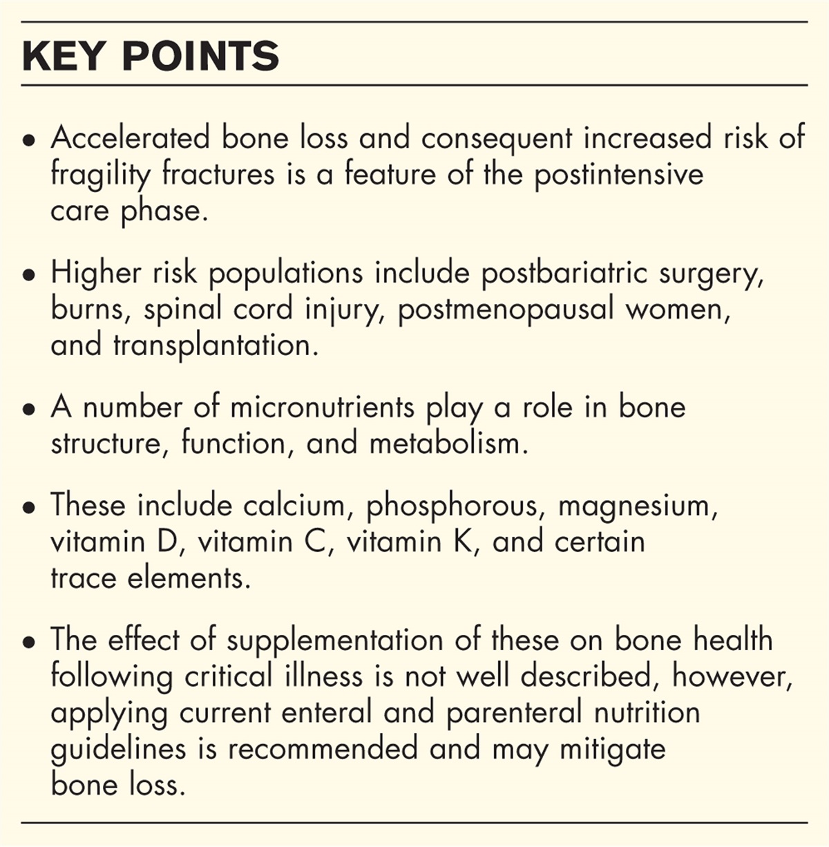 Micronutrient intake to protect against osteoporosis during and after critical illness