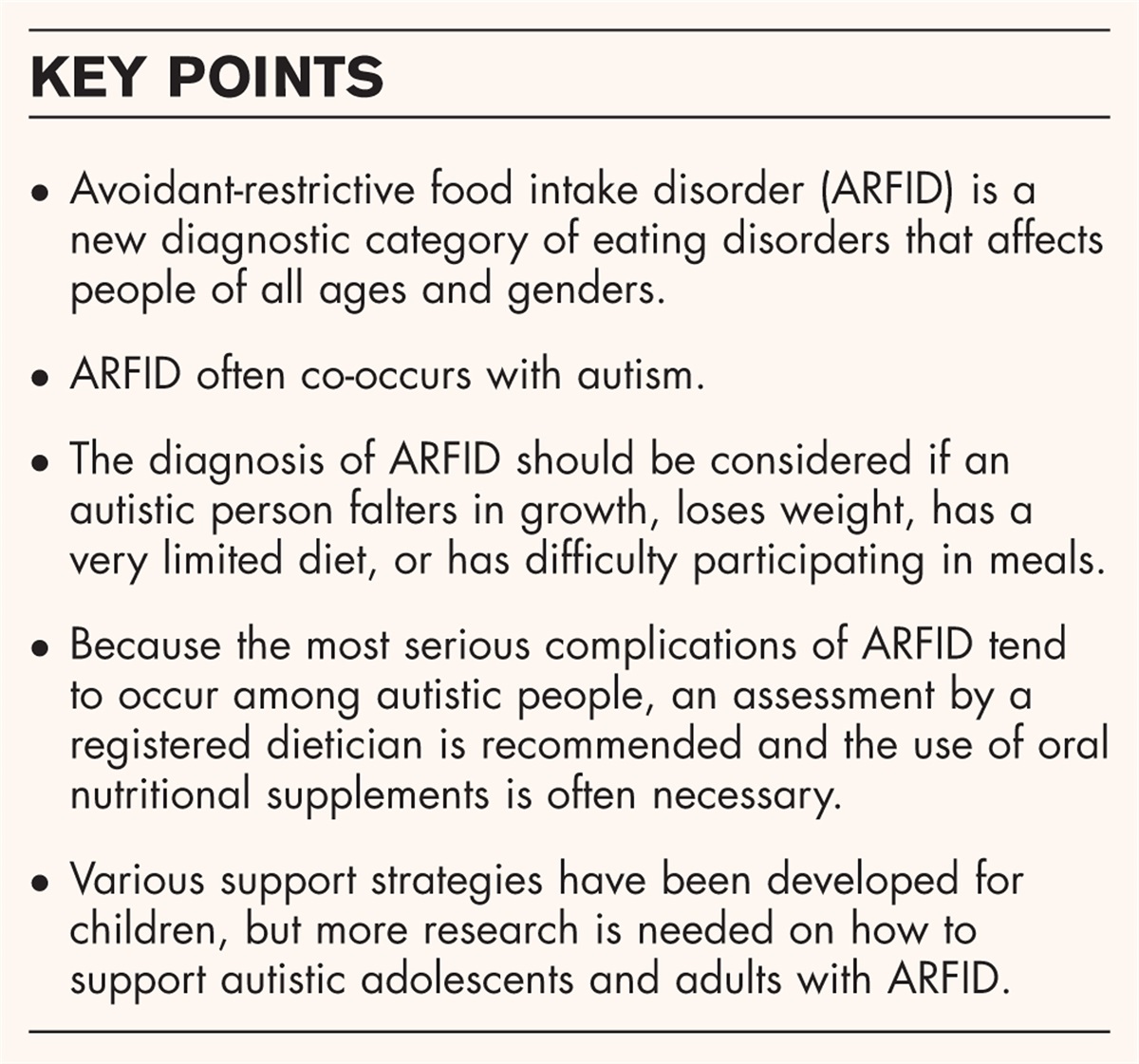 Avoidant-restrictive food intake disorder and autism: epidemiology, etiology, complications, treatment, and outcome