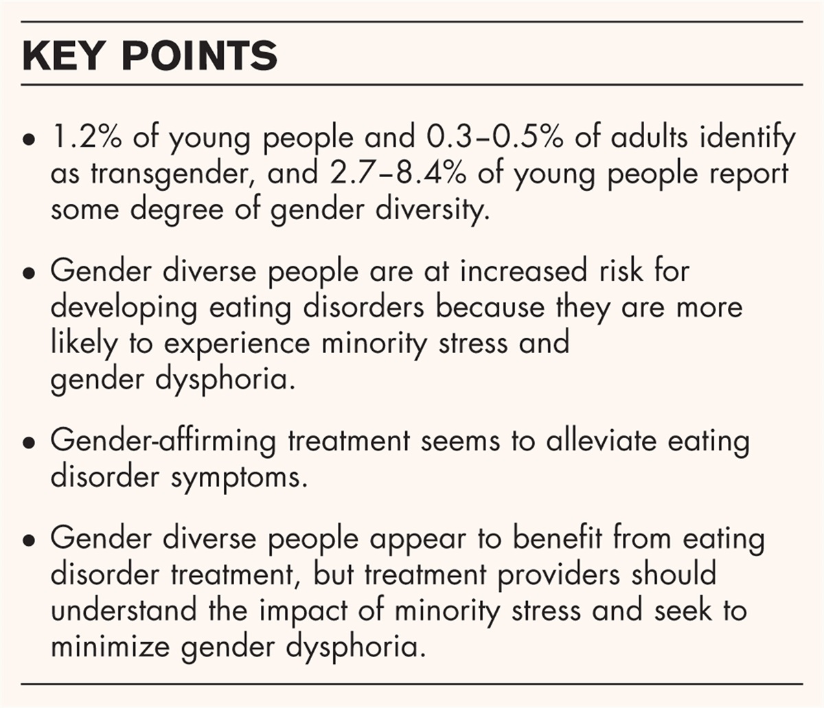 Eating disorders in transgender and gender diverse people: characteristics, assessment, and management