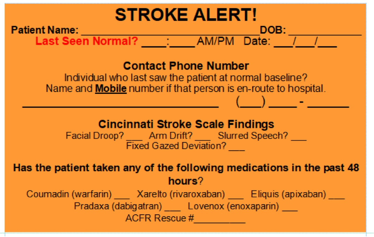 Use of Stroke Alert Sticker in the Field Decreases Time to Acute Interventions for Ischemic Stroke Patients