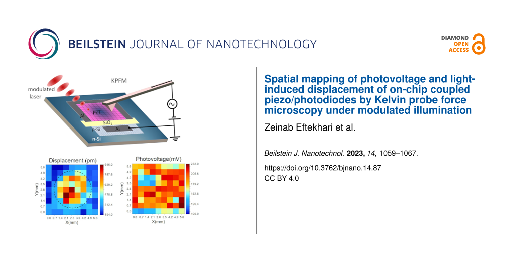 Spatial mapping of photovoltage and light-induced displacement of on-chip coupled piezo/photodiodes by Kelvin probe force microscopy under modulated illumination