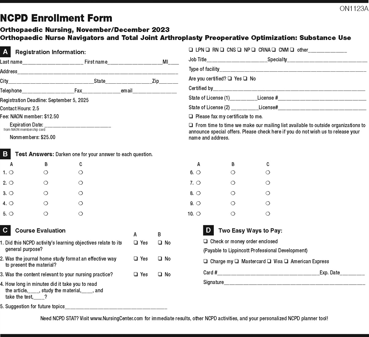 NCPD Tests: Orthopaedic Nurse Navigators and Total Joint Arthroplasty Preoperative Optimization: Substance Use